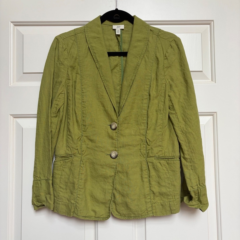 J. Jill Womens‎ Petite Small Green Linen 2-Button Blazer Jacket Quiet Luxury